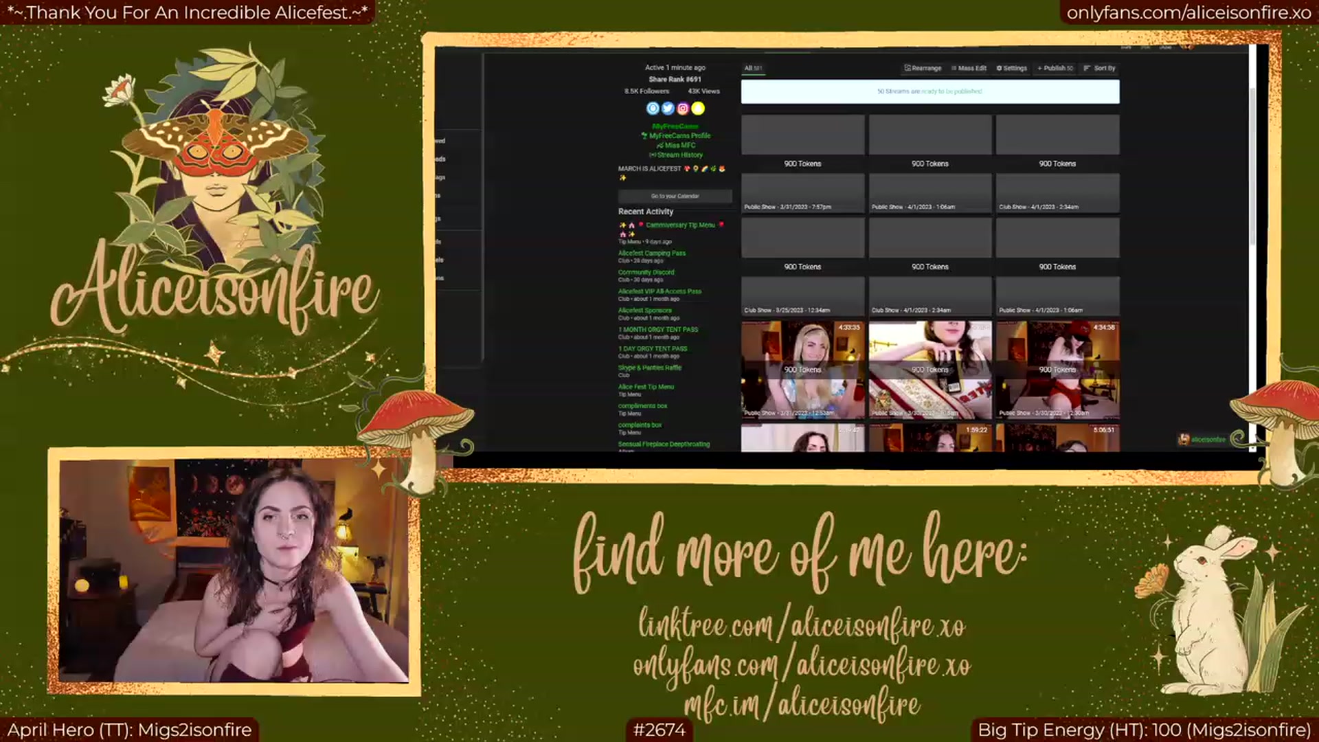 Gallery image thumbnail from aliceisonfire's myfreecams stream on, 04/03/2023, 04:06 image 1 of 20